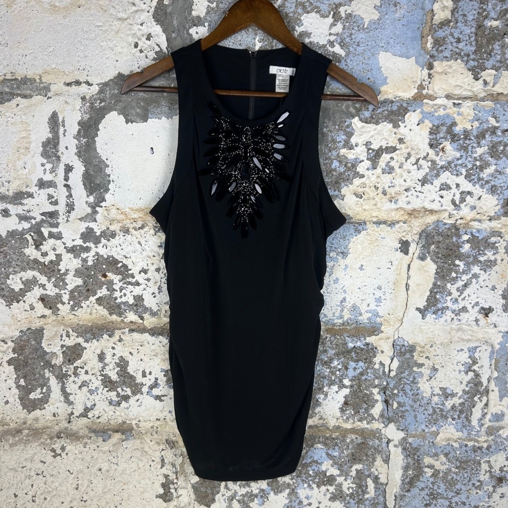 NWT Cache Cocktail BodyCon Dress Womens Large Black Beaded Bib Sheath Sleeveless